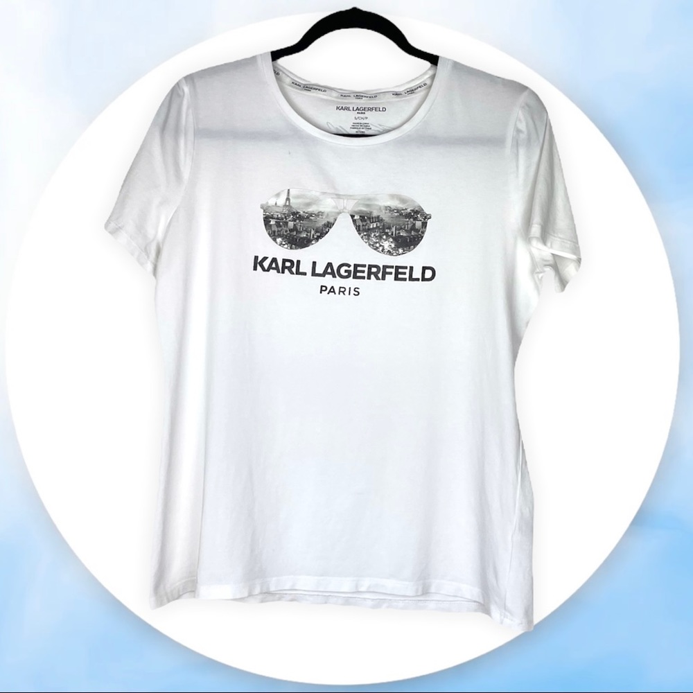 Karl Lagerfeld Logo Graphic T-shirt Signature White Sunglass Paris Skyline Small